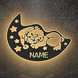 LED Deko Schlummerlicht Nachtlicht Teddy Bär liegend schlafen Mütze Sterne Halbmond Mond, personalisiert mit Wunsch Namen Lasergravur Abendlicht Kinderzimmer Wohnzimmer Geschenk